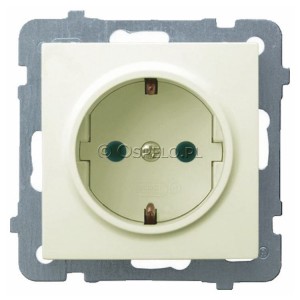 GP-1GSP/m/27 Gniazdo pojedyncze z uziemieniem Schuko i przesłonami torów prądowych 16A (Zaciski śrubowe) Ecru Ospel As - Widok z przodu