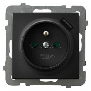 GP-1GZPUSB/m/33 Gniazdo pojedyncze z uziemieniem, przesłonami torów prądowych i ładowarką USB Typu A 5V/2.1A 16A (Szybkozłącza) Czarny Metalik Ospel As - Widok z przodu