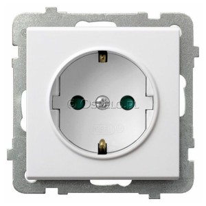 GP-1RSP/m/00 Gniazdo pojedyncze z uziemieniem Schuko i przesłonami torów prądowych 16A (Zaciski śrubowe) Biały Ospel Sonata - Widok z przodu