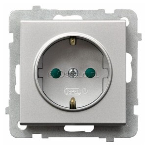GP-1RSP/m/38 Gniazdo pojedyncze z uziemieniem Schuko i przesłonami torów prądowych 16A (Zaciski śrubowe) Srebro Mat Ospel Sonata - Widok z przodu