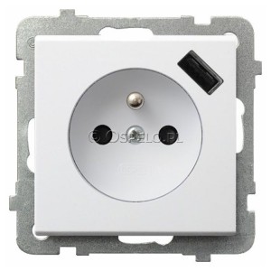 GP-1RZPUSB/m/00 Gniazdo pojedyncze z uziemieniem i ładowarką USB 5V 2,1A oraz z przesłonami torów prądowych 16A (Szybkozłącza) Biały Ospel Sonata - Widok z przodu