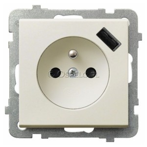 GP-1RZPUSB/m/27 Gniazdo pojedyncze z uziemieniem i ładowarką USB 5V 2,1A oraz z przesłonami torów prądowych 16A (Szybkozłącza) Ecru Ospel Sonata - Widok z przodu