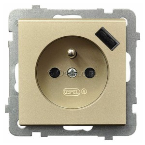 GP-1RZPUSB/m/39 Gniazdo pojedyncze z uziemieniem i ładowarką USB 5V 2,1A oraz z przesłonami torów prądowych 16A (Szybkozłącza) Szampański Złoty Ospel Sonata - Widok z przodu