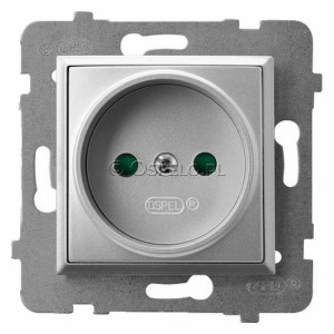 GP-1UP/m/18 Gniazdo pojedyncze bez uziemienia z przesłonami torów prądowych 16A (Zaciski śrubowe) Srebro Ospel Aria - Widok z przodu
