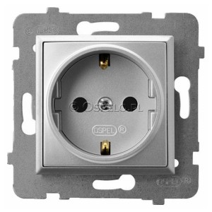 GP-1US/m/18 Gniazdo pojedyncze z uziemieniem Schuko 16A (Zaciski śrubowe) Srebro Ospel Aria - Widok z przodu