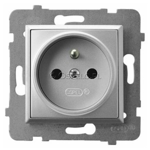 GP-1UZ/m/18 Gniazdo pojedyncze z uziemieniem 16A (Zaciski śrubowe) Srebro Ospel Aria - Widok z przodu