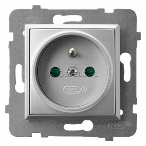 GP-1UZP/m/18 Gniazdo pojedyncze z uziemieniem z przesłonami torów prądowych 16A (Zaciski śrubowe) Srebro Ospel Aria - Widok z przodu