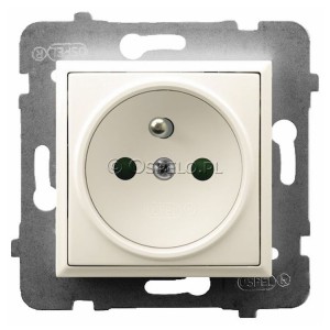 GP-1UZP/m/27 Gniazdo pojedyncze z uziemieniem z przesłonami torów prądowych 16A (Zaciski śrubowe) Ecru Ospel Aria - Widok z przodu