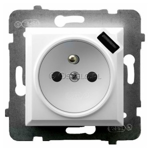 GP-1UZPUSB/m/00 Gniazdo pojedyncze z uziemieniem i ładowarką USB 5V 2,1A oraz z przesłonami torów prądowych 16A (Szybkozłącza) Biały Ospel Aria - Widok z przodu
