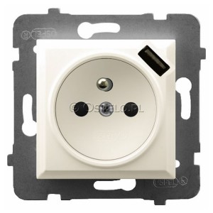 GP-1UZPUSB/m/27 Gniazdo pojedyncze z uziemieniem i ładowarką USB 5V 2,1A oraz z przesłonami torów prądowych 16A (Szybkozłącza) Ecru Ospel Aria - Widok z przodu