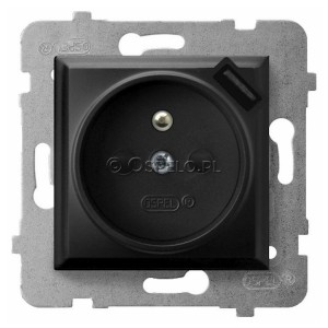 GP-1UZPUSB/m/33 Gniazdo pojedyncze z uziemieniem i ładowarką USB 5V 2,1A oraz z przesłonami torów prądowych 16A (Szybkozłącza) Czarny Metalik Ospel Aria - Widok z przodu