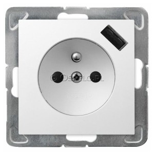 GP-1YZPUSB/m/00 Gniazdo pojedyncze z uziemieniem i ładowarką USB Typu A 5V 2,1A oraz z przesłonami torów prądowych 16A (Szybkozłącza) Biały Ospel Impresja - Widok z przodu