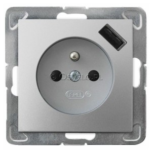 GP-1YZPUSB/m/18 Gniazdo pojedyncze z uziemieniem i ładowarką USB Typu A 5V 2,1A oraz z przesłonami torów prądowych 16A (Szybkozłącza) Srebro Ospel Impresja - Widok z przodu
