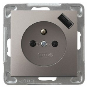 GP-1YZPUSB/m/23 Gniazdo pojedyncze z uziemieniem i ładowarką USB Typu A 5V 2,1A oraz z przesłonami torów prądowych 16A (Szybkozłącza) Tytan Ospel Impresja - Widok z przodu