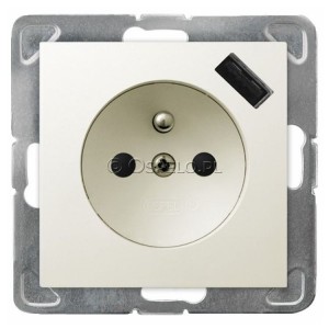 GP-1YZPUSB/m/27 Gniazdo pojedyncze z uziemieniem i ładowarką USB Typu A 5V 2,1A oraz z przesłonami torów prądowych 16A (Szybkozłącza) Ecru Ospel Impresja - Widok z przodu