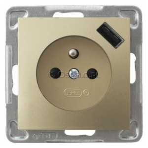 GP-1YZPUSB/m/28 Gniazdo pojedyncze z uziemieniem i ładowarką USB Typu A 5V 2,1A oraz z przesłonami torów prądowych 16A (Szybkozłącza) Złoty Metalik Ospel Impresja - Widok z przodu