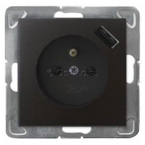GP-1YZPUSB/m/50 Gniazdo pojedyncze z uziemieniem i ładowarką USB Typu A 5V 2,1A oraz z przesłonami torów prądowych 16A (Szybkozłącza) Antracyt Ospel Impresja - Widok z przodu
