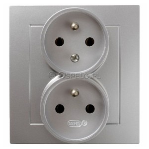 GP-2GC/18 Gniazdo podwójne z uziemieniem z funkcją niezamienności faz, gniazdo kompletne, nie pasujące do ramek 16A (Zaciski śrubowe) Srebro Ospel As - Widok z przodu