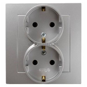 GP-2GS/18 Gniazdo podwójne z uziemieniem Schuko, gniazdo kompletne, nie pasujące do ramek 16A (Zaciski śrubowe) Srebro Ospel As - Widok z przodu