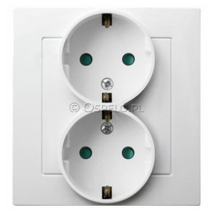 GP-2GSP/00 Gniazdo podwójne z uziemieniem Schuko z przesłonami torów prądowych, gniazdo kompletne, nie pasujące do ramek 16A (Zaciski śrubowe) Biały Ospel As - Widok z przodu