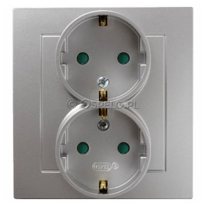 GP-2GSP/18 Gniazdo podwójne z uziemieniem Schuko z przesłonami torów prądowych, gniazdo kompletne, nie pasujące do ramek 16A (Zaciski śrubowe) Srebro Ospel As - Widok z przodu