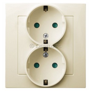 GP-2GSP/27 Gniazdo podwójne z uziemieniem Schuko z przesłonami torów prądowych, gniazdo kompletne, nie pasujące do ramek 16A (Zaciski śrubowe) Ecru Ospel As - Widok z przodu