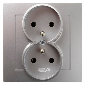 GP-2GZ/18 Gniazdo podwójne z uziemieniem, gniazdo kompletne, nie pasujące do ramek 16A (Zaciski śrubowe) Srebro Ospel As - Widok z przodu