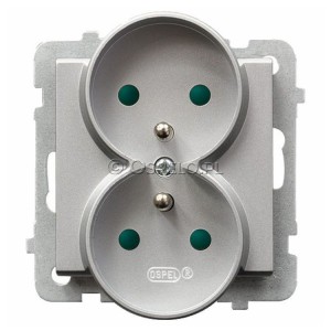 GP-2RRZP/m/38 Gniazdo podwójne z uziemieniem i przesłonami torów prądowych 16A (Zaciski śrubowe) Srebro Mat Ospel Sonata - Widok z przodu