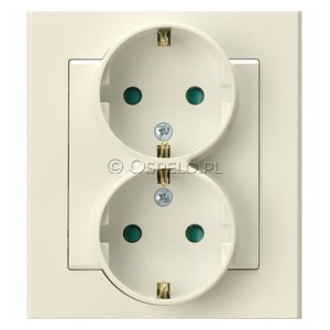 GP-2RSP/27 Gniazdo podwójne z uziemieniem Schuko i przesłonami torów prądowych, gniazdo kompletne, nie pasujące do ramek 16A (Zaciski śrubowe) Ecru Ospel Sonata - Widok z przodu