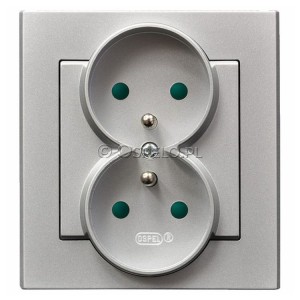 GP-2RZP/38 Gniazdo podwójne z uziemieniem i przesłonami torów prądowych, gniazdo kompletne, nie pasujące do ramek 16A (Zaciski śrubowe) Srebro Mat Ospel Sonata - Widok z przodu