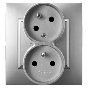 GP-2UC/18 Gniazdo podwójne z uziemieniem z funkcją niezamienności faz 16A (Zaciski śrubowe) Srebro Ospel Aria - Widok z przodu