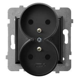 GP-2URAZ/m/33 Gniazdo podwójne z uziemieniem do ramek Prestige 16A (Zaciski śrubowe) Czarny Metalik Ospel Aria - Widok z przodu