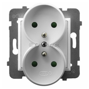 GP-2URAZP/m/00 Gniazdo podwójne z uziemieniem z przesłonami torów prądowych do ramek Prestige 16A (Zaciski śrubowe) Biały Ospel Aria - Widok z przodu