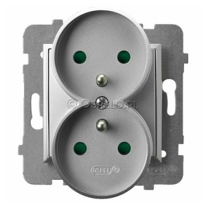 GP-2URAZP/m/18 Gniazdo podwójne z uziemieniem z przesłonami torów prądowych do ramek Prestige 16A (Zaciski śrubowe) Srebro Ospel Aria - Widok z przodu