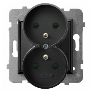 GP-2URAZP/m/33 Gniazdo podwójne z uziemieniem z przesłonami torów prądowych do ramek Prestige 16A (Zaciski śrubowe) Czarny Metalik Ospel Aria - Widok z przodu