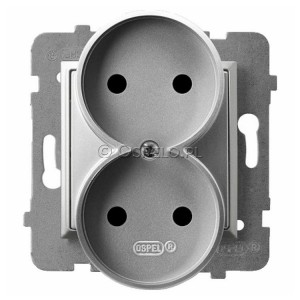 GP-2UR/m/18 Gniazdo podwójne bez uziemienia 16A (Zaciski śrubowe) Srebro Ospel Aria - Widok z przodu