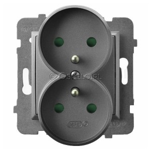 GP-2URZP/m/70 Gniazdo podwójne z uziemieniem z przesłonami torów prądowych 16A (Zaciski śrubowe) Szary Mat. Ospel Aria - Widok z przodu