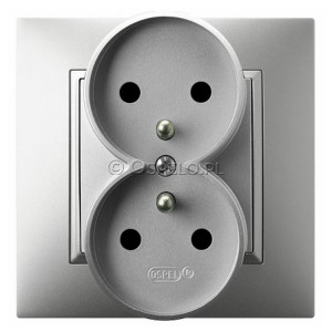 GP-2UZ/18 Gniazdo podwójne z uziemieniem, gniazdo kompletne, nie pasujące do ramek 16A (Zaciski śrubowe) Srebro Ospel Aria - Widok z przodu