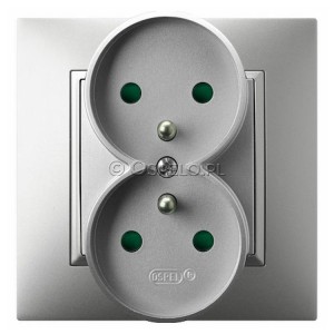 GP-2UZP/18 Gniazdo podwójne z uziemieniem z przesłonami torów prądowych, gniazdo kompletne, nie pasujące do ramek 16A (Zaciski śrubowe) Srebro Ospel Aria - Widok z przodu