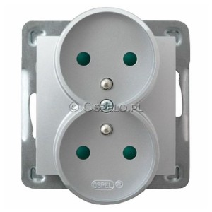 GP-2YRZP/m/18 Gniazdo podwójne z uziemieniem z przesłonami torów prądowych 16A (Zaciski śrubowe) Srebro Ospel Impresja - Widok z przodu
