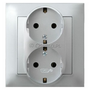 GP-2YS/18 Gniazdo podwójne z uziemieniem Schuko, gniazdo kompletne, nie pasujące do ramek 16A (Zaciski śrubowe) Srebro Ospel Impresja - Widok z przodu