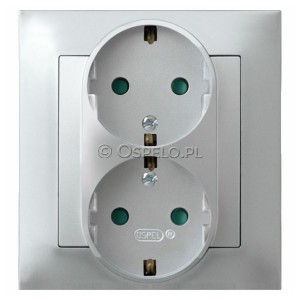 GP-2YSP/18 Gniazdo podwójne z uziemieniem Schuko i przesłonami torów prądowych, gniazdo kompletne, nie pasujące do ramek 16A (Zaciski śrubowe) Srebro Ospel Impresja - Widok z przodu