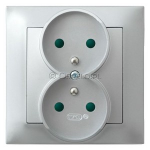 GP-2YZP/18 Gniazdo podwójne z uziemieniem i przesłonami torów prądowych, gniazdo kompletne, nie pasujące do ramek 16A (Zaciski śrubowe) Srebro Ospel Impresja - Widok z przodu