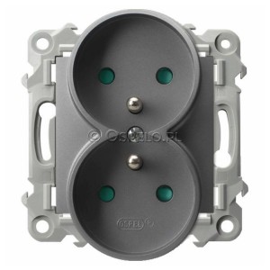 GP-2ZRZP/m/70 Gniazdo podwójne z uziemieniem i przesłonami torów prądowych 16A (Zaciski śrubowe) Szary Mat. Ospel Szafir - Widok z przodu