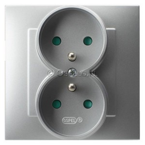 GP-2ZZP/18 Gniazdo podwójne z uziemieniem i przesłonami torów prądowych, gniazdo kompletne, nie pasujące do ramek 16A (Zaciski śrubowe) Srebro Ospel Szafir - Widok z przodu