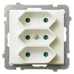 GP-3RP/m/27 Gniazdo potrójne na płaskie wtyczki z przesłonami torów prądowych 2,5A (Zaciski śrubowe) Ecru Ospel Sonata - Widok z przodu