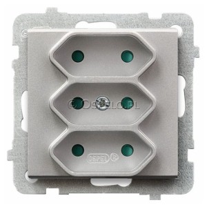 GP-3RP/m/38 Gniazdo potrójne na płaskie wtyczki z przesłonami torów prądowych 2,5A (Zaciski śrubowe) Srebro Mat Ospel Sonata - Widok z przodu