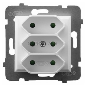 GP-3UP/m/00 Gniazdo potrójne na płaskie wtyczki z przesłonami torów prądowych 2,5A (Zaciski śrubowe) Biały Ospel Aria - Widok z przodu