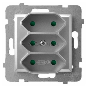 GP-3UP/m/18 Gniazdo potrójne na płaskie wtyczki z przesłonami torów prądowych 2,5A (Zaciski śrubowe) Srebro Ospel Aria - Widok z przodu