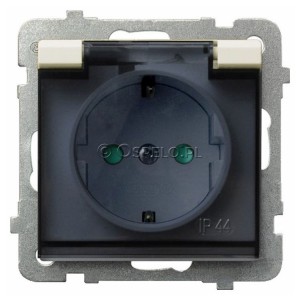 GPH-1RSP/m/27/d Gniazdo bryzgoszczelne z uziemieniem schuko IP44 z przesłonami torów prądowych, wieczko przezroczyste 16A (Zaciski śrubowe) Ecru Ospel Sonata - Widok z przodu